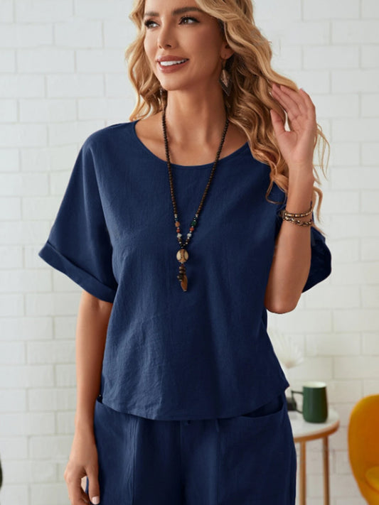 Round Neck Half Sleeve Top and Pocketed Pants Set for Women