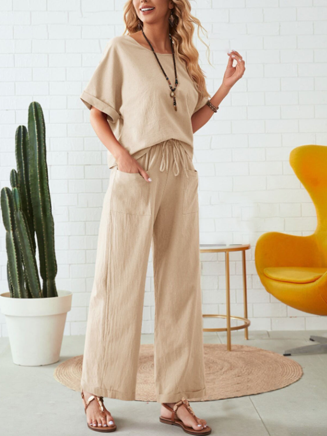 Round Neck Half Sleeve Top and Pocketed Pants Set for Women
