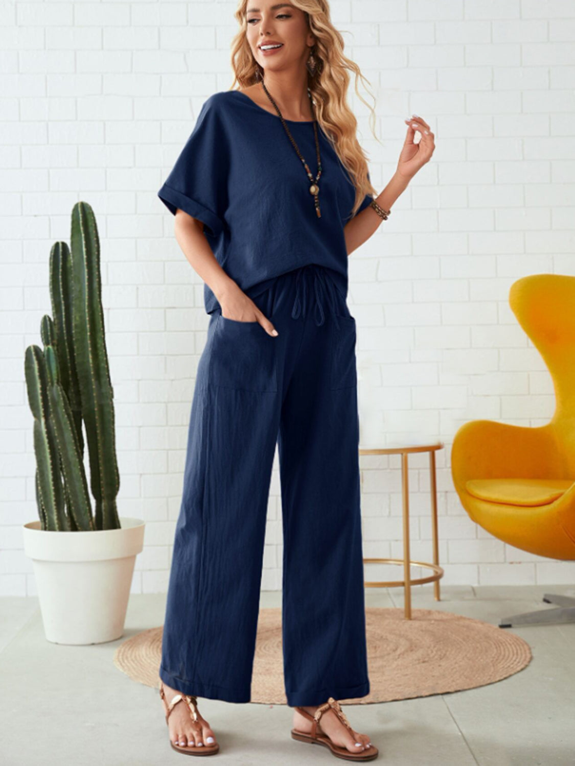 Round Neck Half Sleeve Top and Pocketed Pants Set for Women