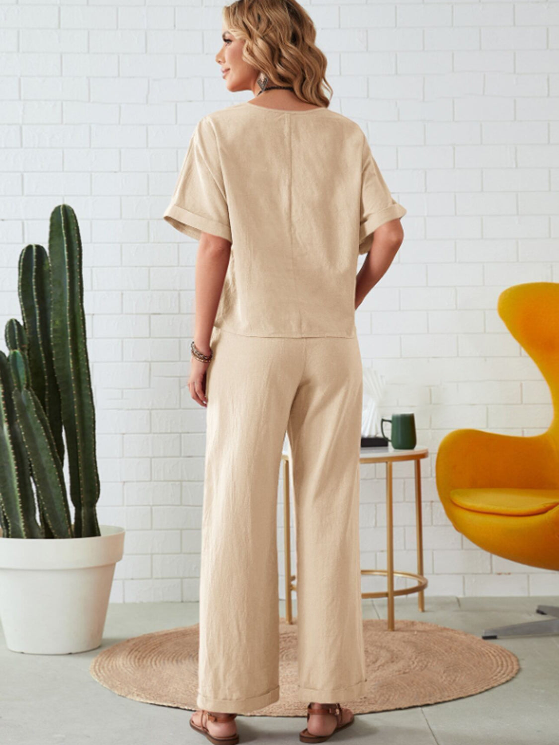 Round Neck Half Sleeve Top and Pocketed Pants Set for Women