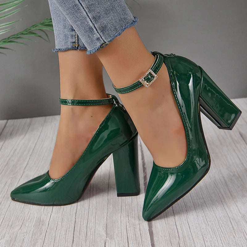 Super High Heel Ankle Strap Pumps Women’s Shoes Pointed Toe Leather
