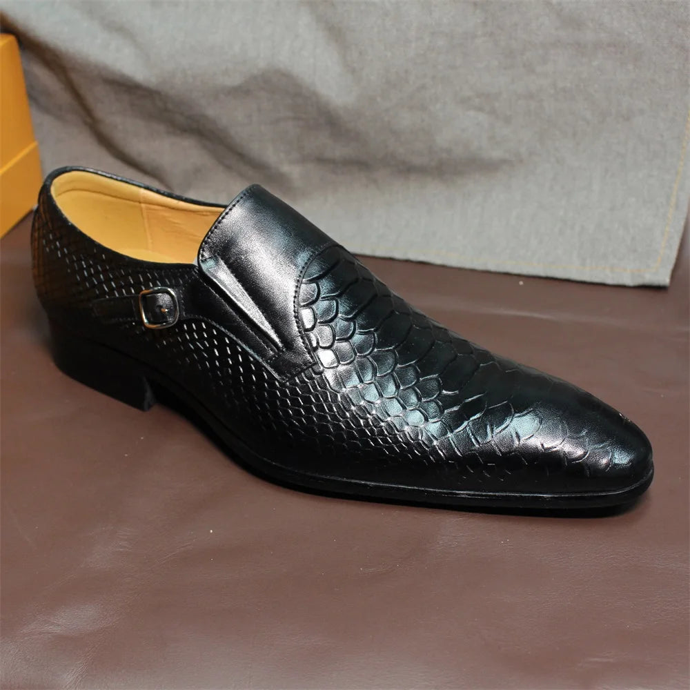 Side view of black men's slip-on dress shoe with textured upper and rubber sole