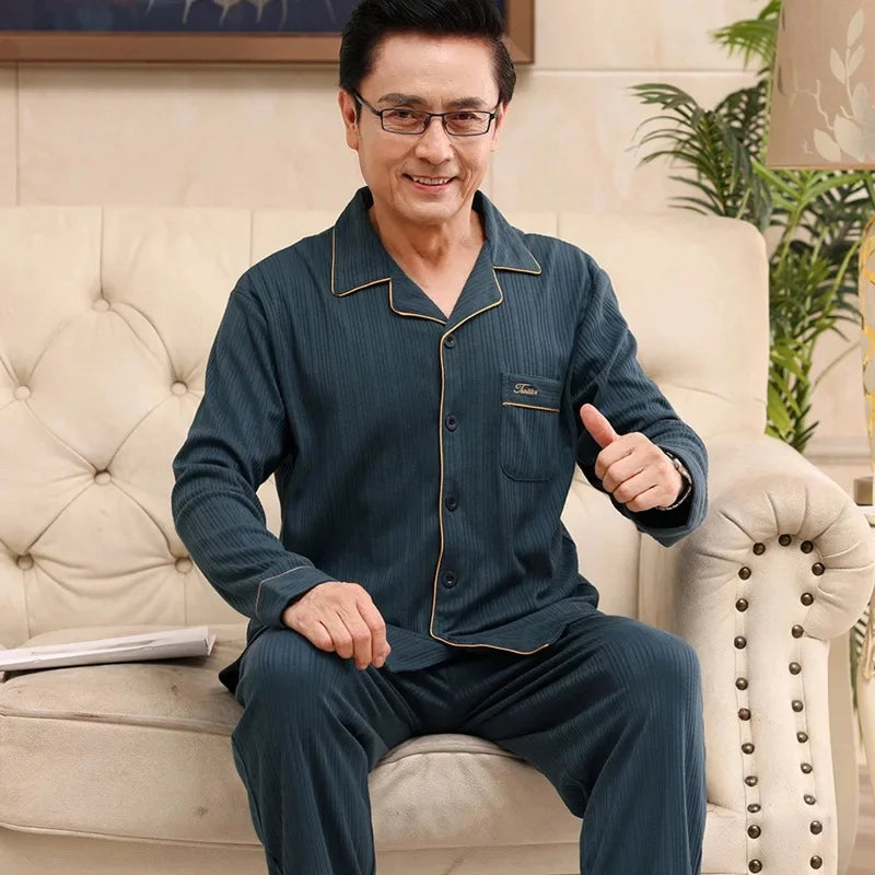 Men's Pure Cotton Long Sleeve Sleepwear Plaid Home Clothes Nightgown