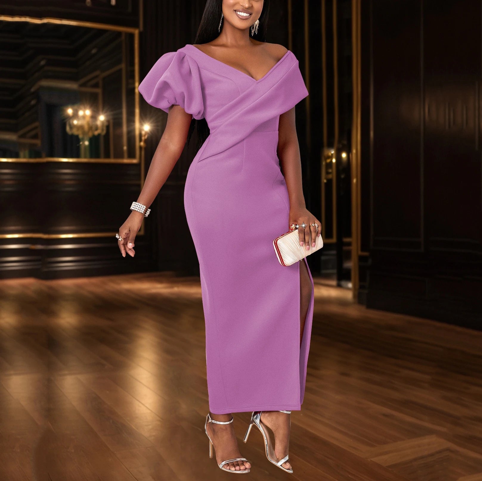 Sexy Bodycon Dresses for Women V Neck Side Split Ankle Length Fashion