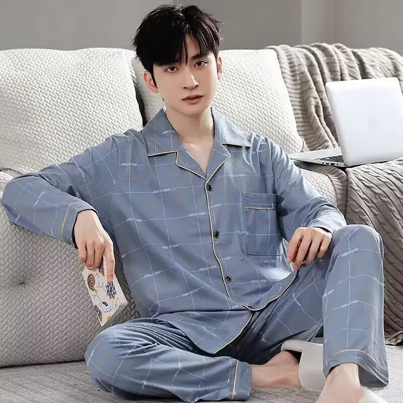 Men's Cotton Pajama Set, Lightweight Long Sleeve Casual Cardigan Suit