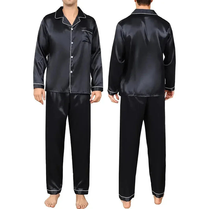 Black satin pajama set shown from front and back on a white background