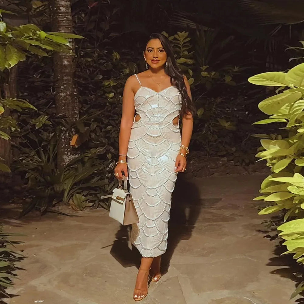 Hollow Sexy Bodycon Spaghetti Strap Evening Party Dresses for Women