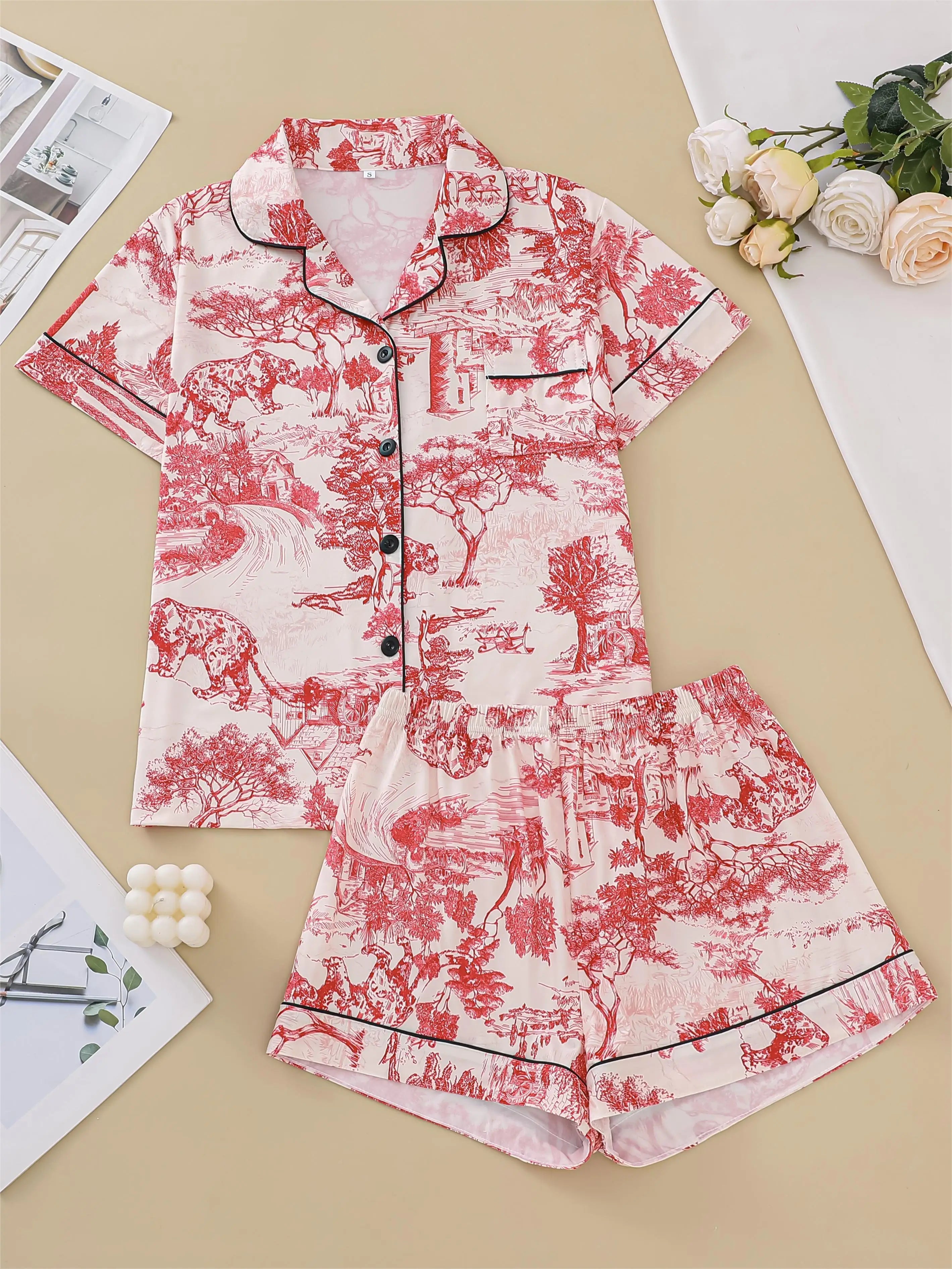 Pajama set, comfortable short-sleeved lapel top loungewear for women
