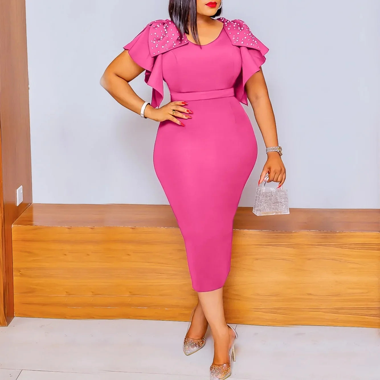 Women Leaf Edge High Waist Trendy Zipper Closure Short Sleeve Dress