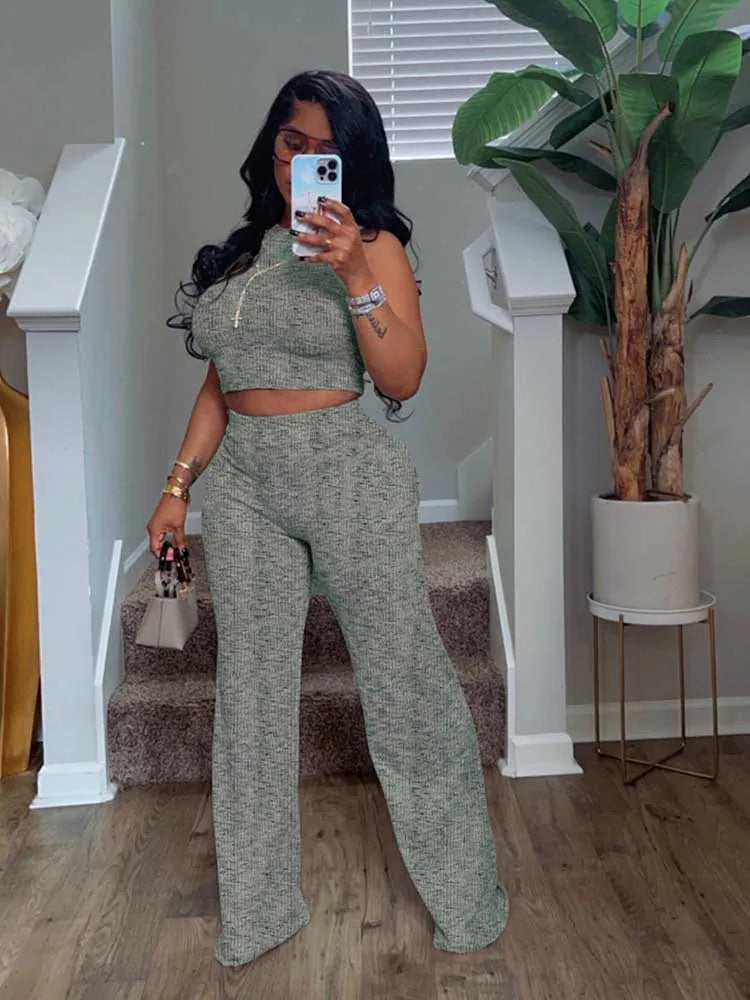 Women's Outfits: Stretchy Knitted Suit Sexy Sleeveless Top and Pants