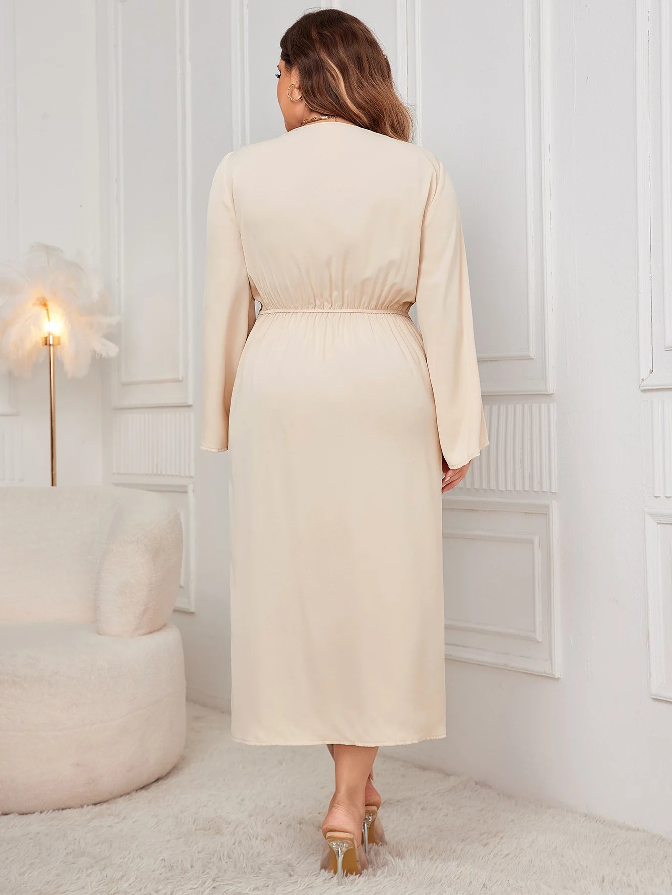 Plus Size Women's V Neck Front Twist Robe Long Sleeves Dresses