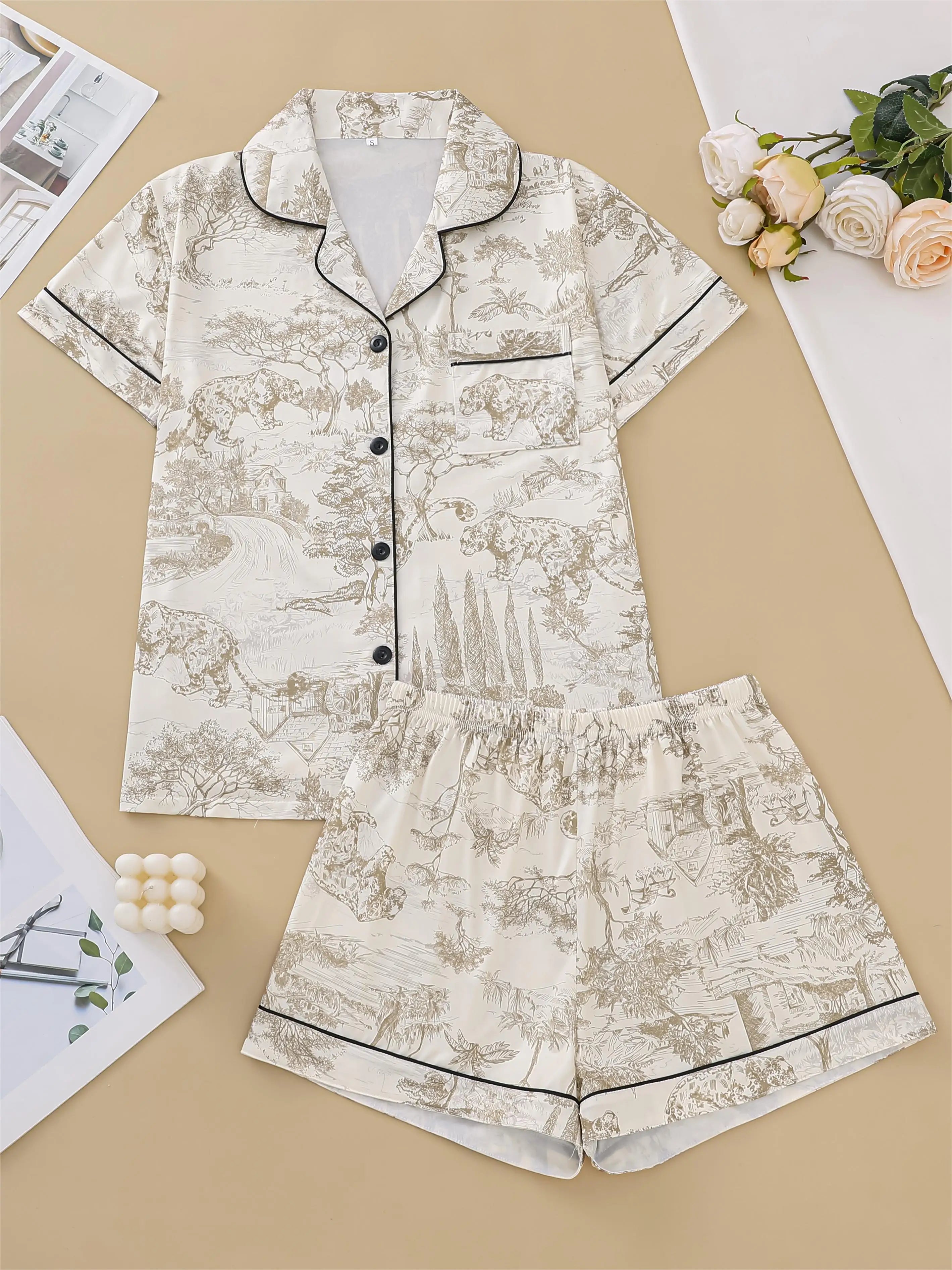 Pajama set, comfortable short-sleeved lapel top loungewear for women