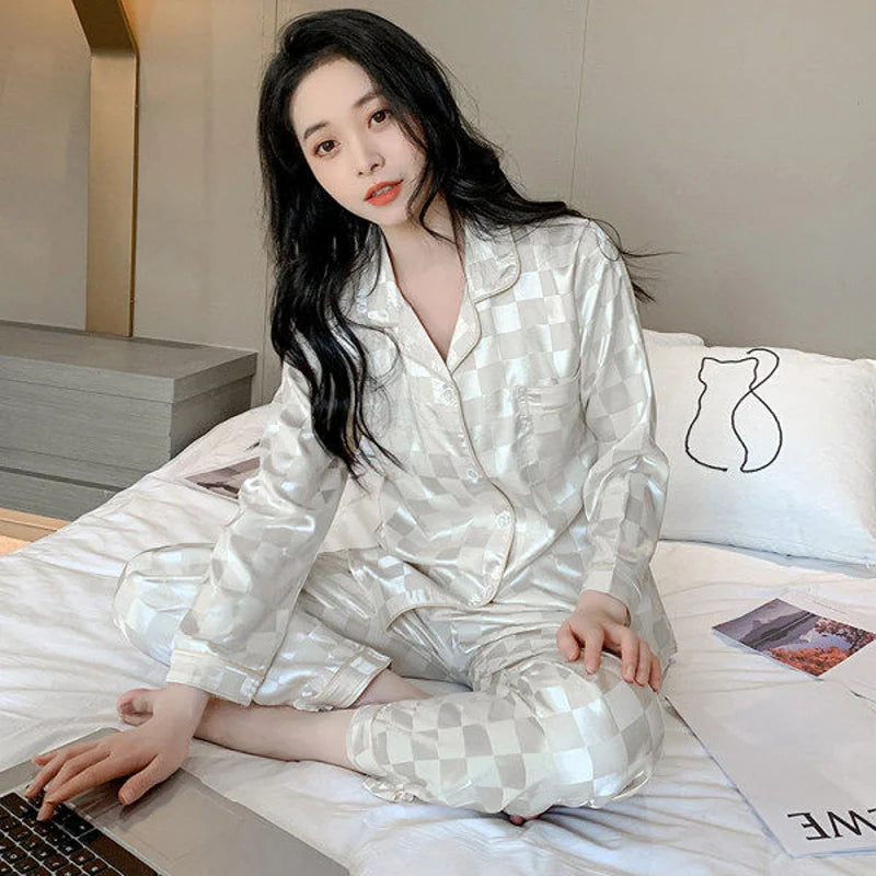 Women's Home wear Set Summer Long-Sleeved Pants Plaid Pajama Set