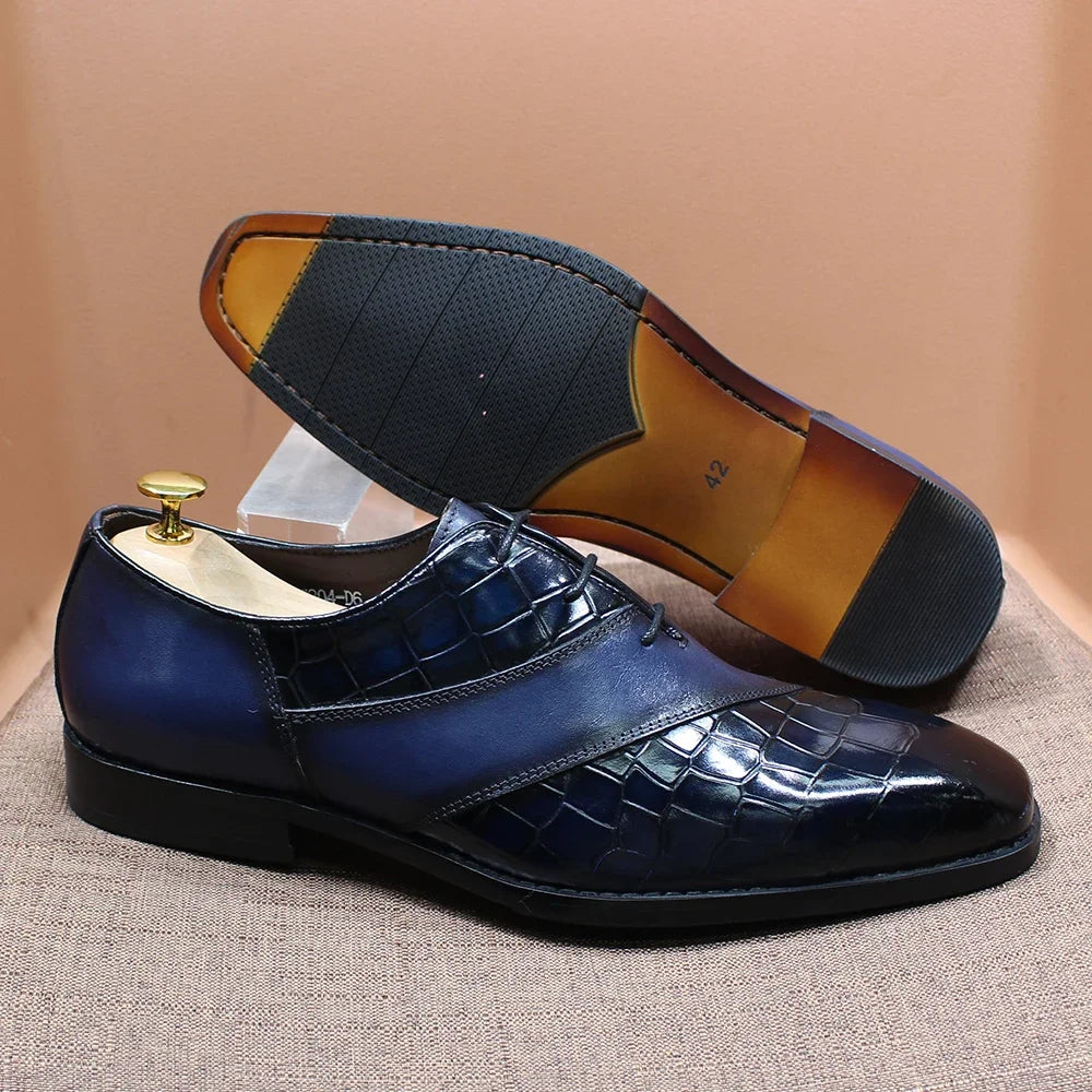 Fashion Mens Oxford Crocodile Pattern Cow Patent Leather Lace Up Formal Dress Shoes