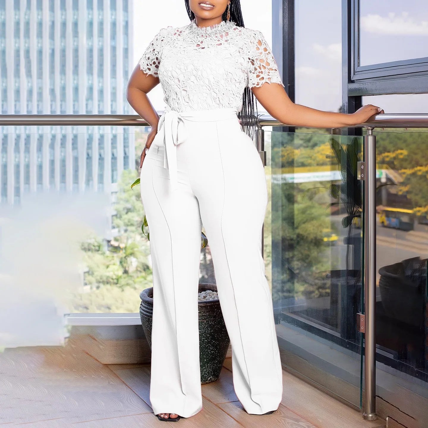 Women O-Neck Lace Patchwork Short Sleeve Sashes High Waist Outfit Set