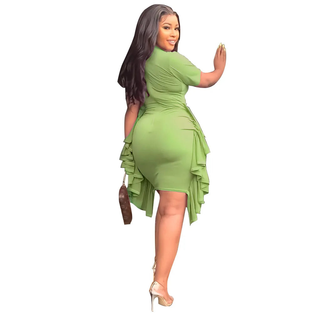 Women's Elegant African Short Sleeve O-neck Ruffled Skinny Slim Dress