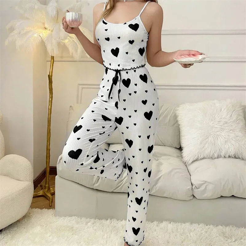Women's Sleepwear Pajama Sets Heart Sleeveless Cami Vest with Trouser