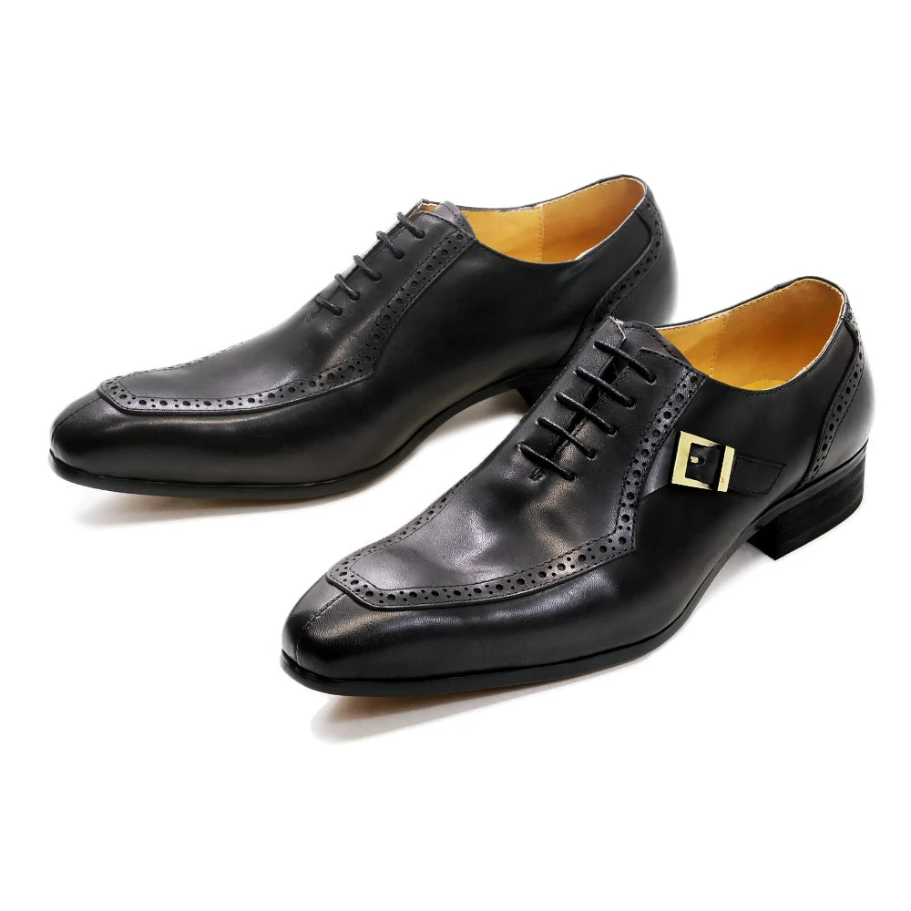 Luxury Leather Formal Shoes Lace Up Buckle Pointed Toe Shoes for Men