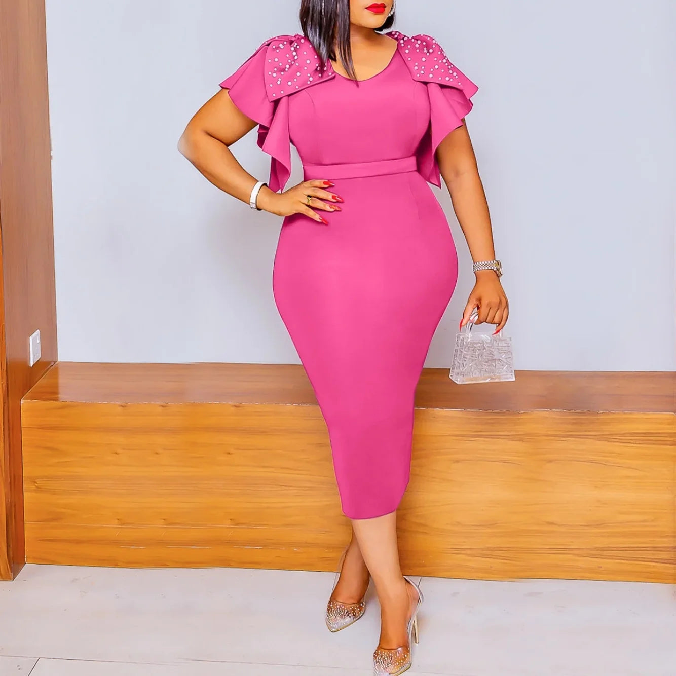 Women Leaf Edge High Waist Trendy Zipper Closure Short Sleeve Dress