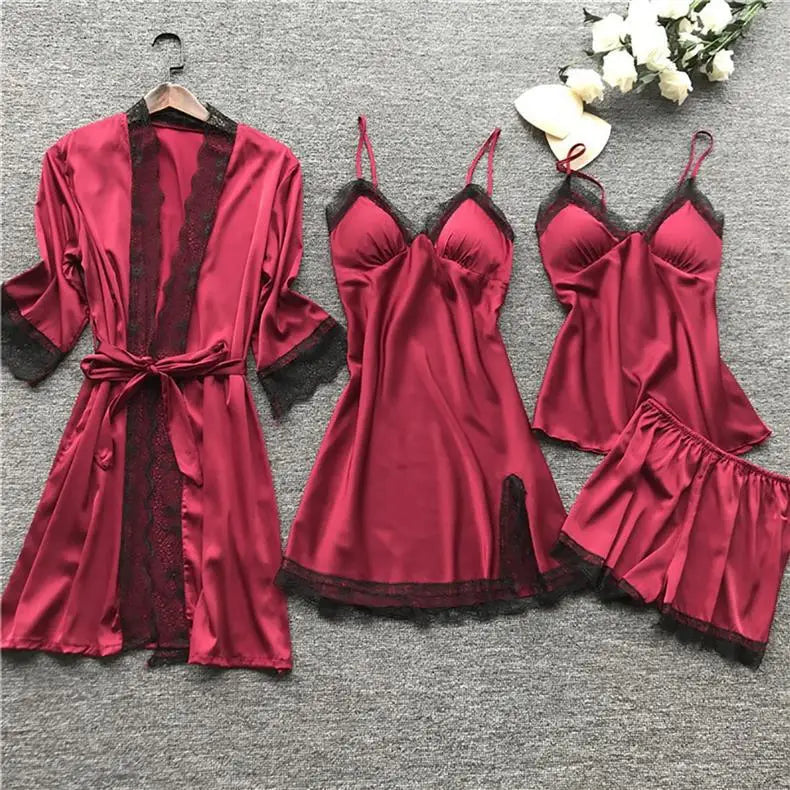 4 Pieces Women's Sexy Lace Pajamas V-Neck Gown Comfort With Chest Pads