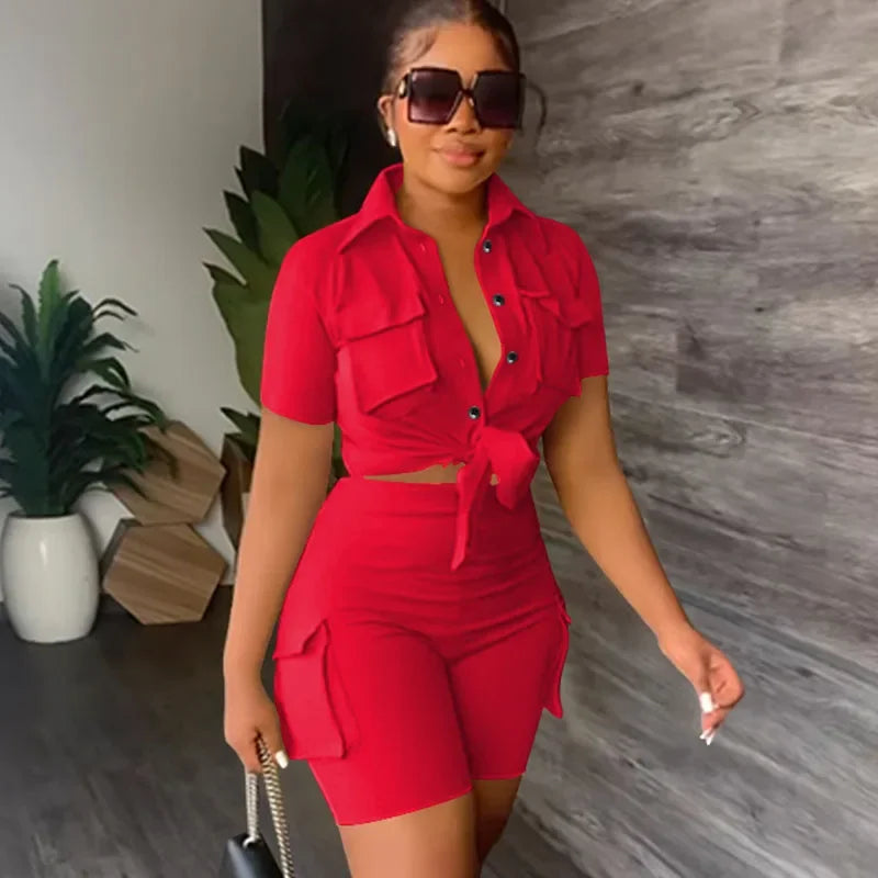 Button-Up Shirt Top Short Matching Streetwear Two Piece Set for Women