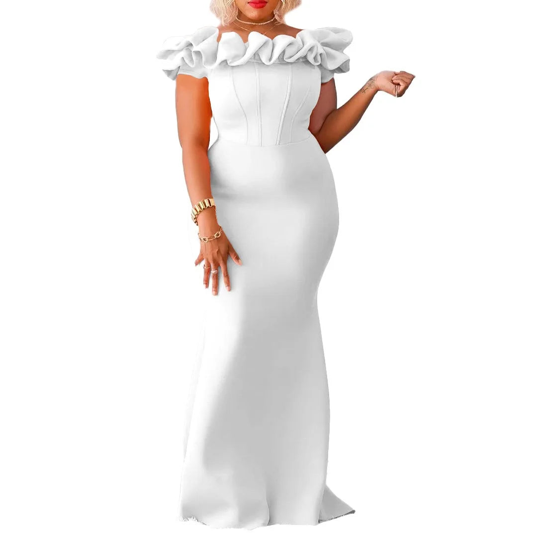 Elegant Off Shoulder Short Sleeve Ruffles Mermaid Long Dress for Women