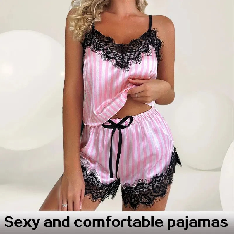 Two Piece Women's V-Neck Sexy Lace Suspender Casual Pajama Shorts Set