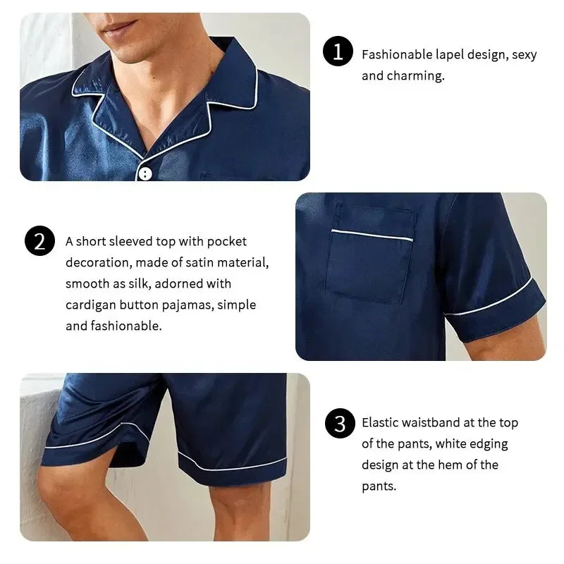 Plus Size Men's Pajama Set Faux Silk Lapel Cardigan Short Sleeve Set