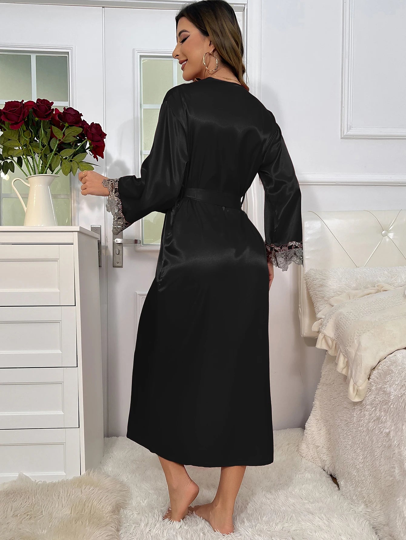 Long Sleeve Belted Robe V Neck Slip Dress Sexy Elegant Women Pajama  Sets