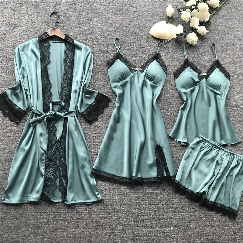 4 Pieces Women's Sexy Lace Pajamas V-Neck Gown Comfort With Chest Pads