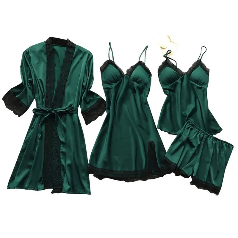 4 Pieces Women's Sexy Lace Pajamas V-Neck Gown Comfort With Chest Pads