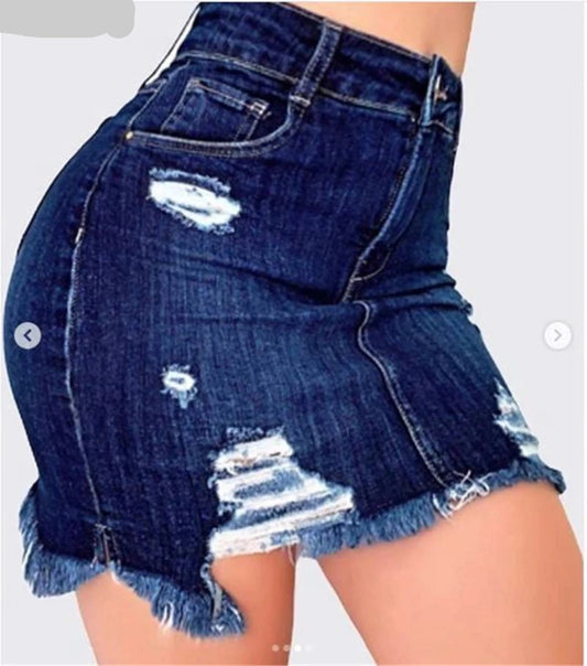 Women Fashion Denim Skirt Ripped Hip Distressed High Waist Jeans