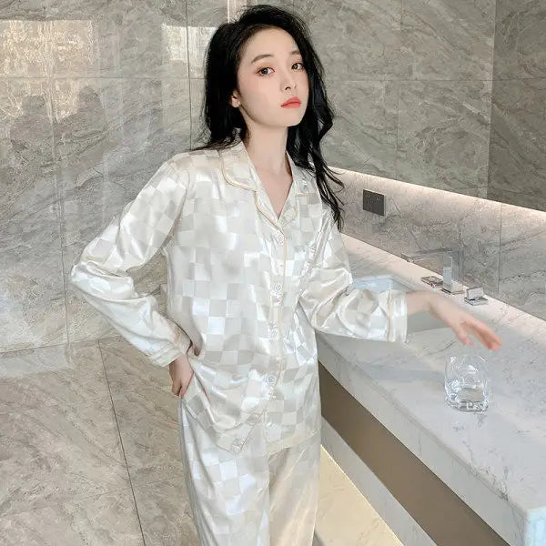 Women's Home wear Set Summer Long-Sleeved Pants Plaid Pajama Set