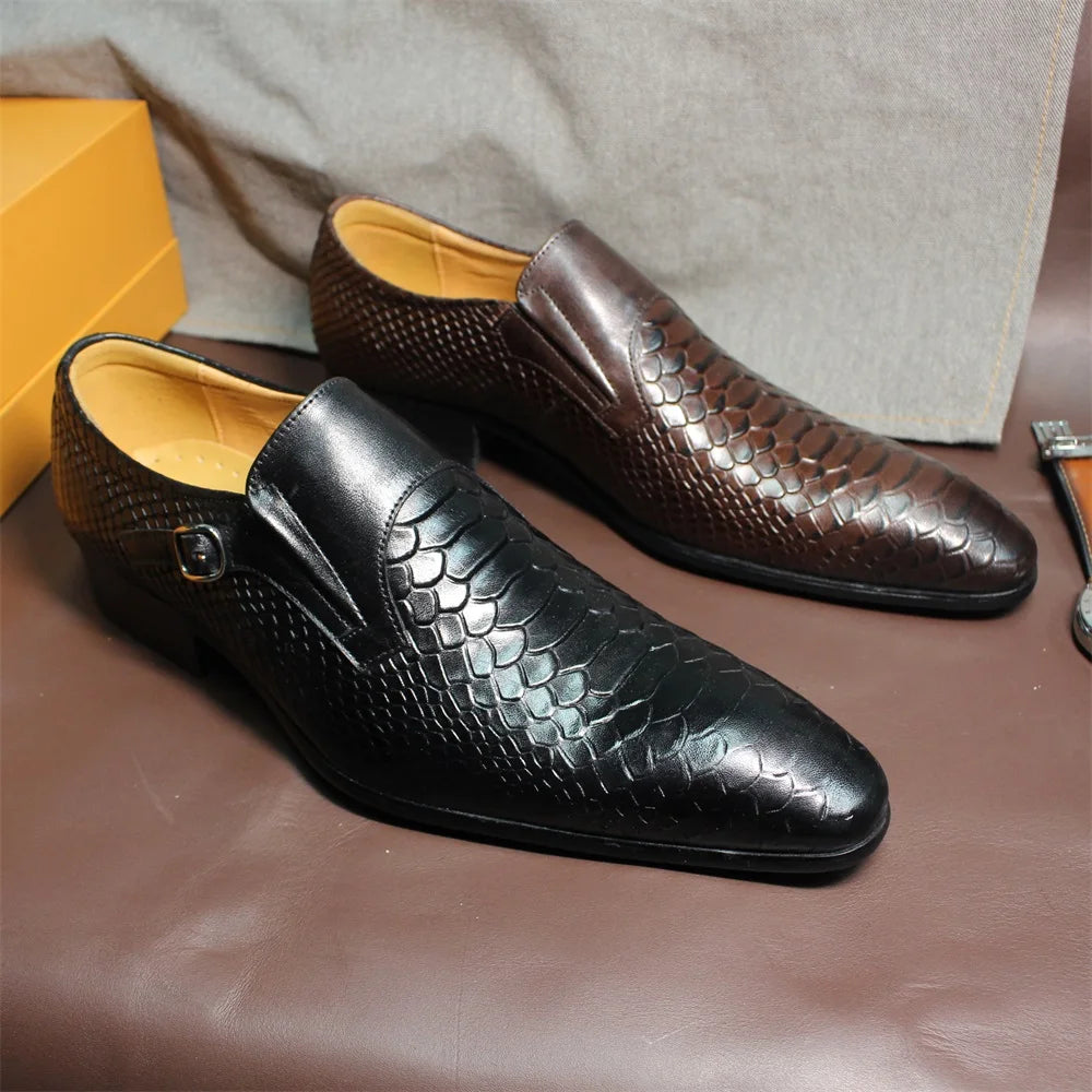 Men's genuine leather slip-on dress shoes in black and brown with scale pattern