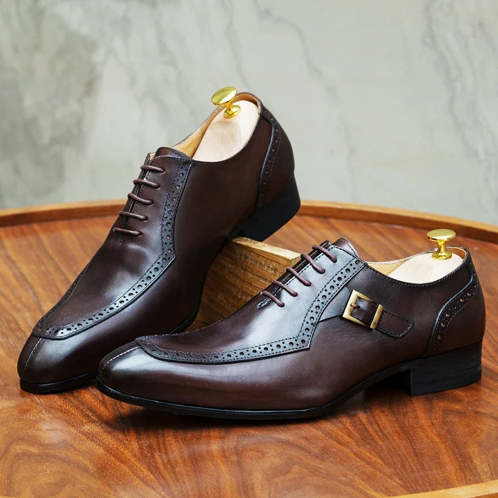 Men's Genuine Leather Pointed Toe Lace-Up Oxford Brogue Buckle Shoes