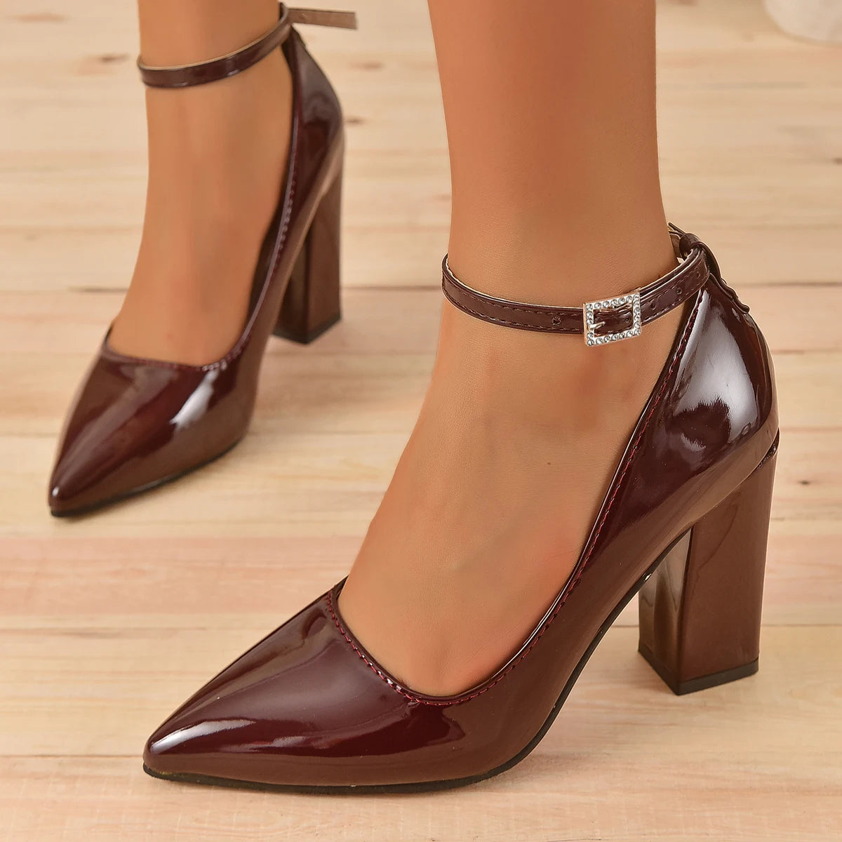 Super High Heel Ankle Strap Pumps Women’s Shoes Pointed Toe Leather