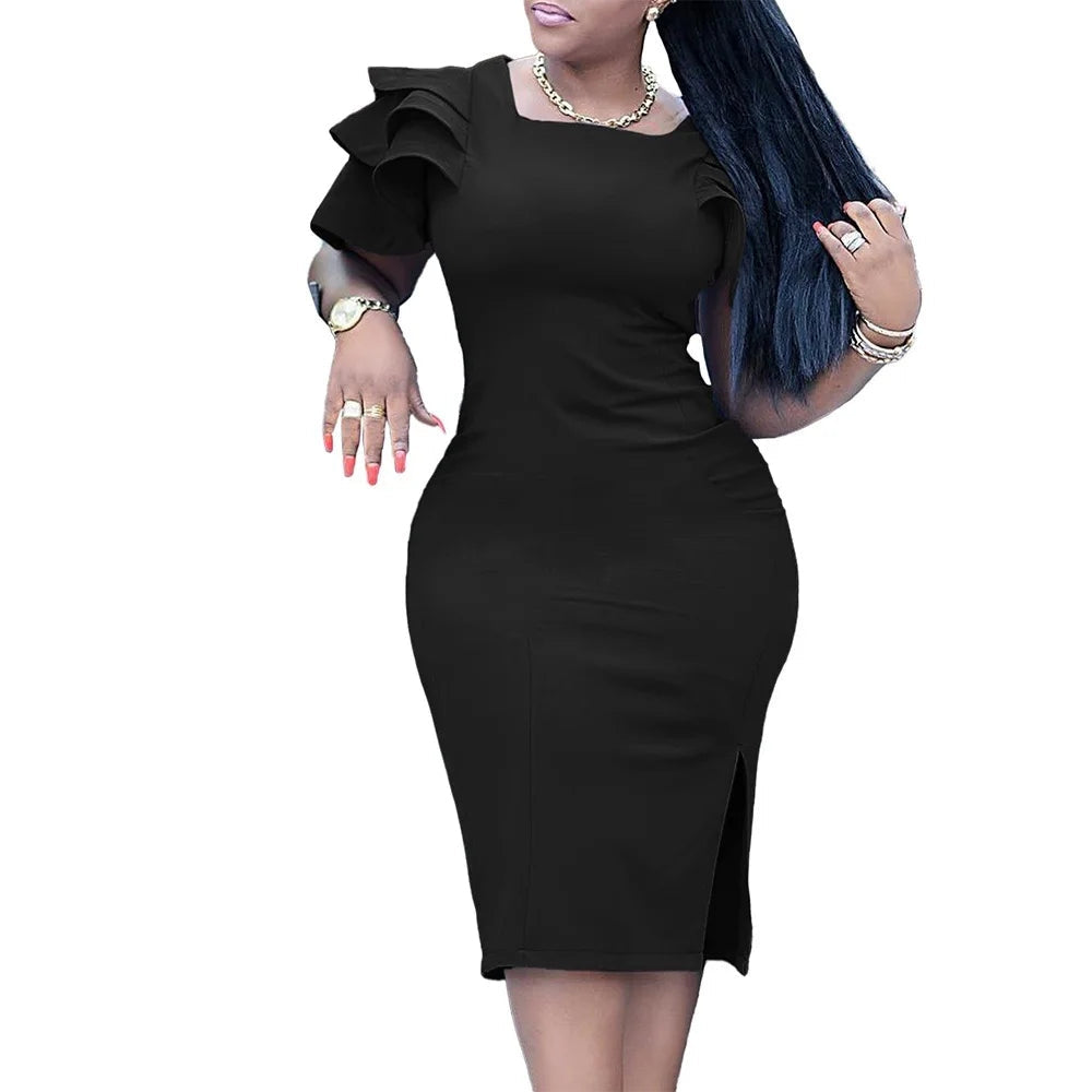 Elegant Bodycon Dresses for Women Square Neck Ruffles Sleeve