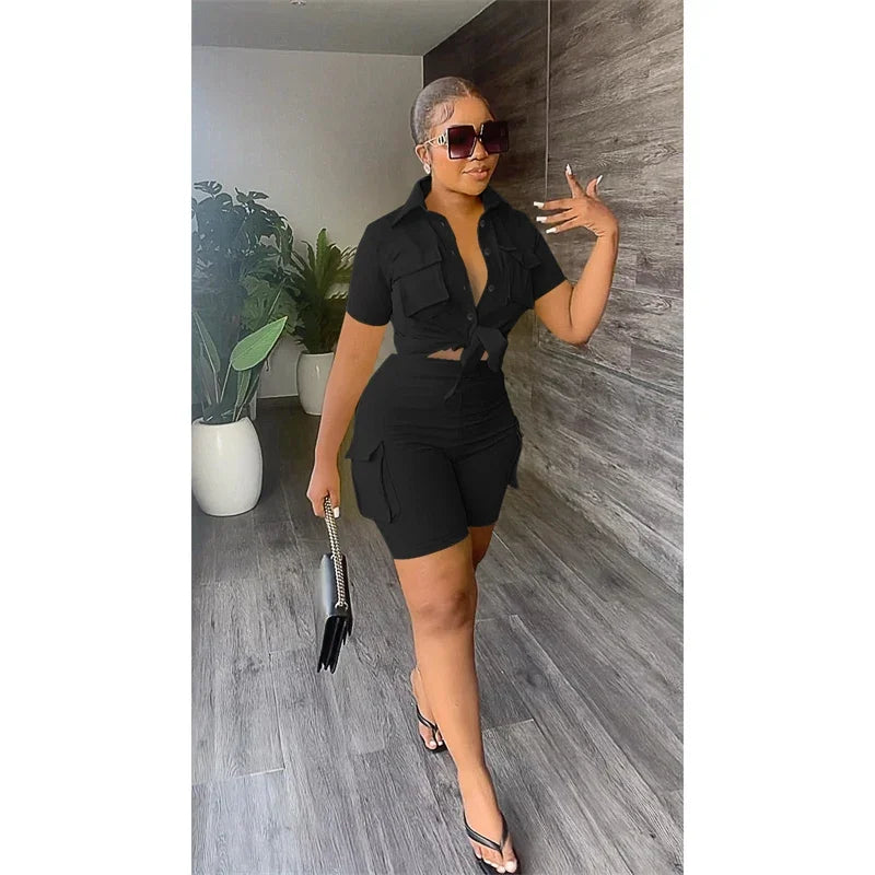 Button-Up Shirt Top Short Matching Streetwear Two Piece Set for Women