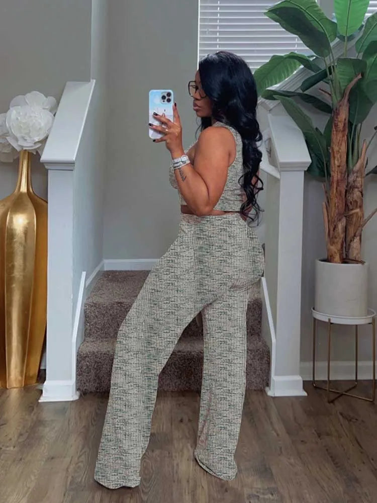 Women's Outfits: Stretchy Knitted Suit Sexy Sleeveless Top and Pants