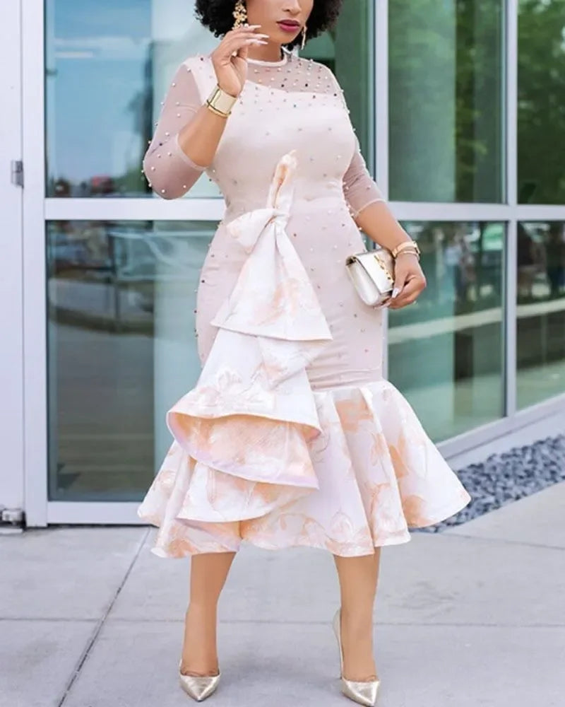 Long African Sexy Nail Beaded Mesh Sleeve Ruffles Robe Dress For Women