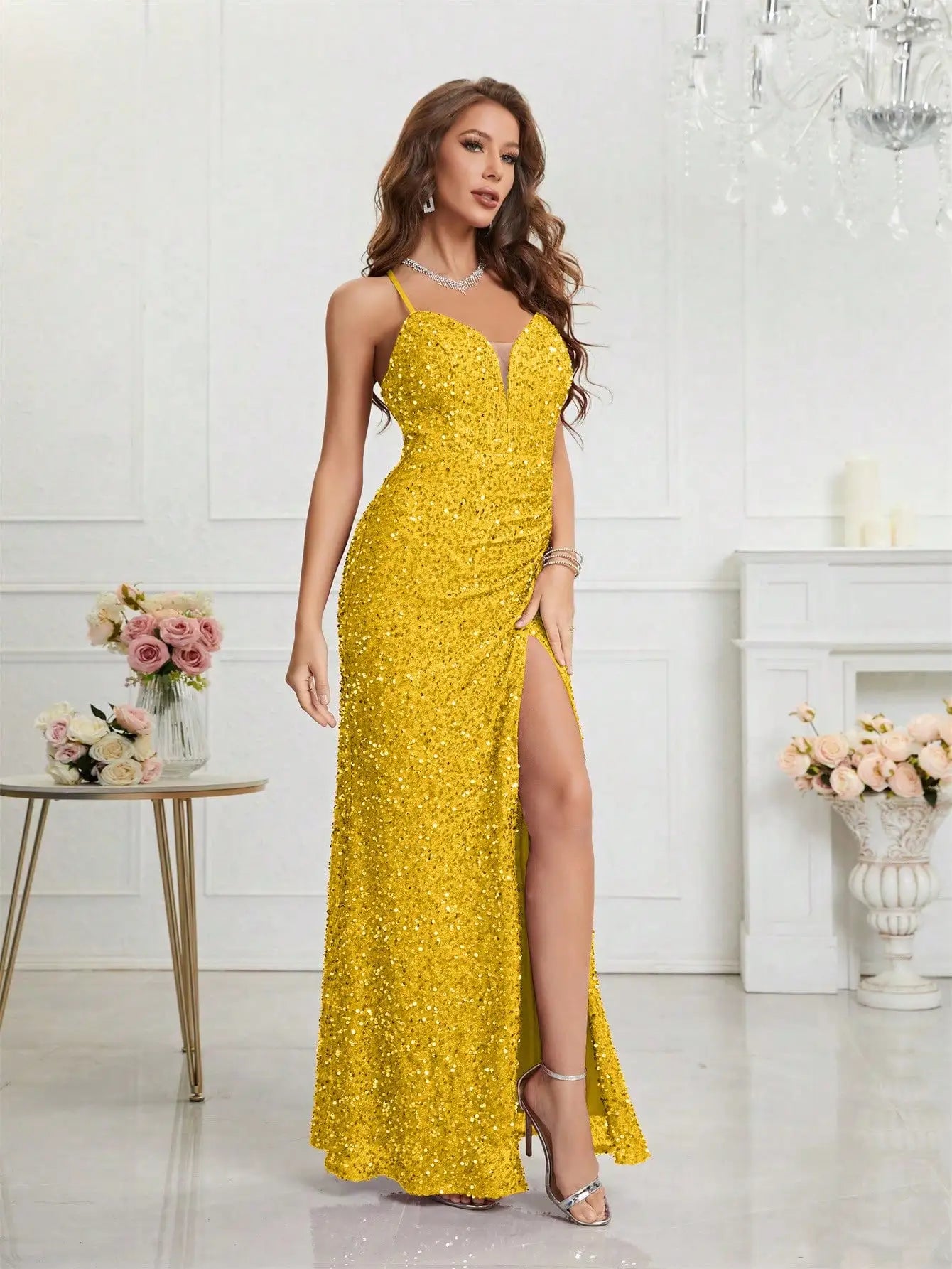Bodycon Halter Neck Ruched Waist Sequined Formal  Cami Women's Dress