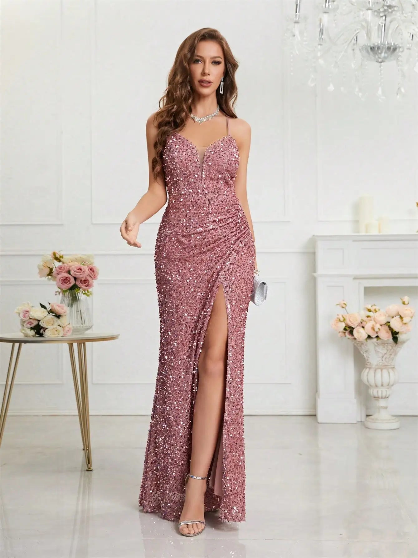 Bodycon Halter Neck Ruched Waist Sequined Formal  Cami Women's Dress