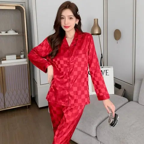 Women's Home wear Set Summer Long-Sleeved Pants Plaid Pajama Set
