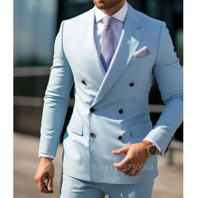 Men's Suit Set Fashion Groom Peak Lapel Double Breasted Blazer Trouser
