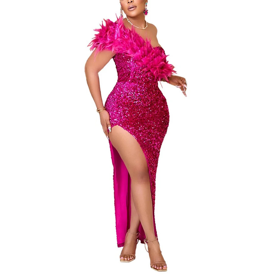 Sexy Dress for Women One Shoulder Sequined Feather Split Floor Length