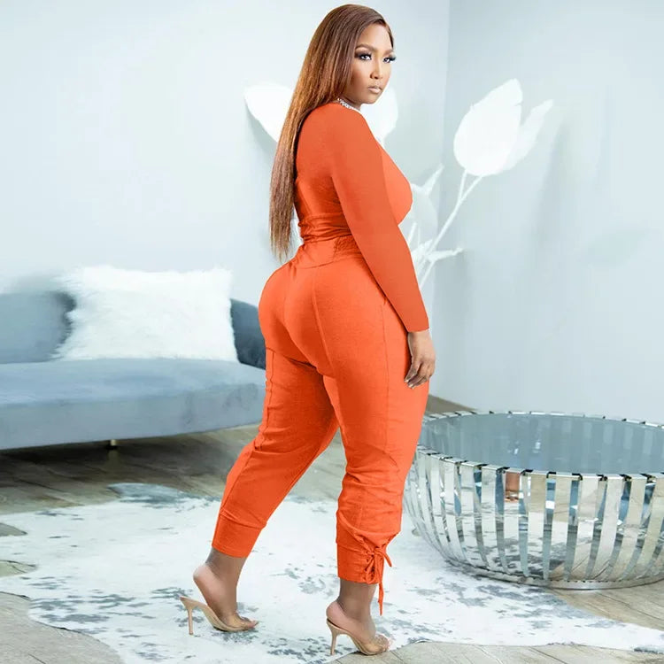 Plus Size Sexy Loose Fit Casual 2-Piece Set for Women V-Neck Pantsuit