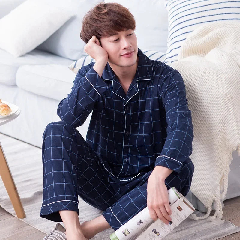 Men's Cotton Pajama Set, Lightweight Long Sleeve Casual Cardigan Suit