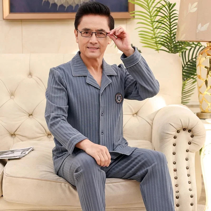 Men's Pure Cotton Long Sleeve Sleepwear Plaid Home Clothes Nightgown