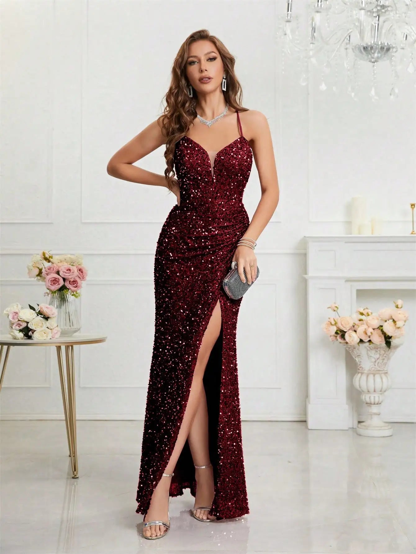 Bodycon Halter Neck Ruched Waist Sequined Formal  Cami Women's Dress