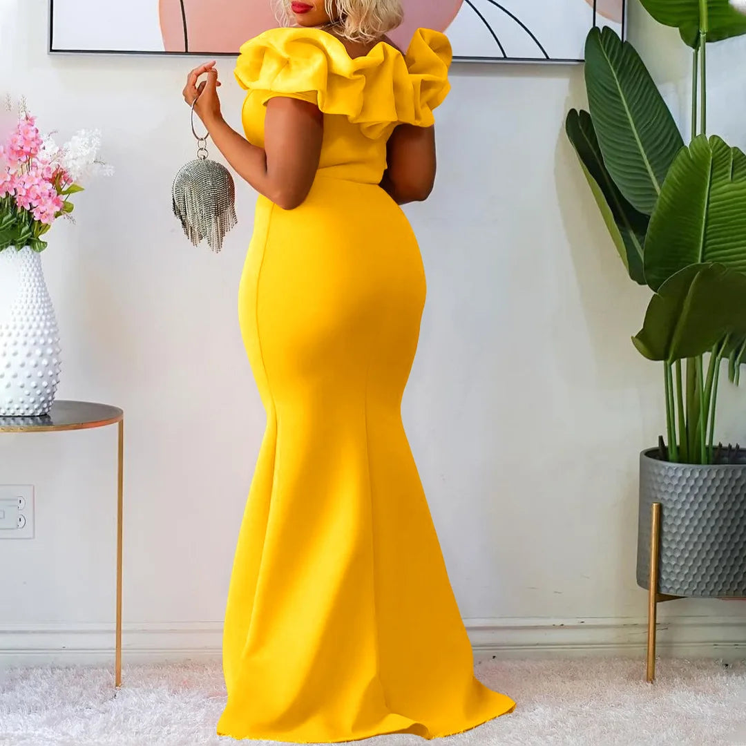 Elegant Off Shoulder Short Sleeve Ruffles Mermaid Long Dress for Women